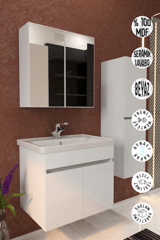 Makbulce Tokyo Havlu Dolaplı 65cm Seramik Lavabolu Mdf Aynalı Banyo Dolabı Beyaz