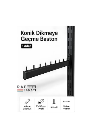 1 Adet - Konik Dikmeye Geçme Baston Askı 40 Cm Mağaza Giyim Raf Askılık Aparatı Siyah