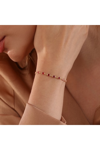 Queen Silver Jewelry 925 Ayar Gümüş Kırmızı Renk Geçişli Zirkon Taşlı Tamtur Bileklik Altın