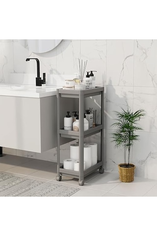 Peggy 3 Katlı Tekerlekli Raf Ünitesi - 36x71x23 Cm Dar Alan Düzenleyici - Mutfak Ve Banyo İçin Aletsiz Kurulum Servis Arabası Beyaz - Siyah - Gri Gri Acı Kahverengi