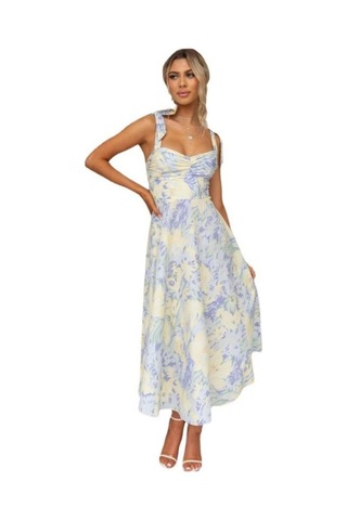 Yazlık Kadın Elbise İnce İnce Belli V Yaka Boyundan Bağlamalı Baskılı Orta Boy Elbise Bej