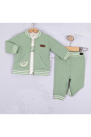3-18 Ay Erkek Bebek Takımı Hello Nakışlı 3'lü Yeşil Yeşil