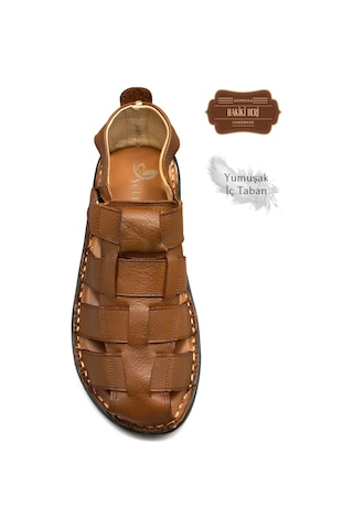 Sermoda Hakiki Deri Burnu Kapalı Erkek Sandalet Taba