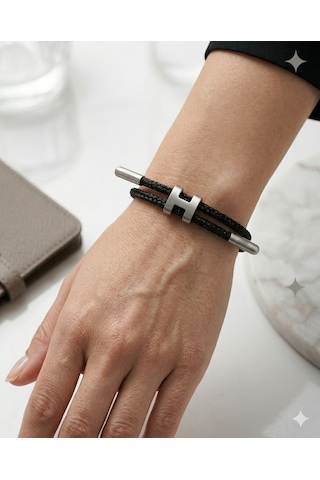 Unisex H Model Silver Renk Çelik Detay Siyah İp Bileklik Gümüş - Siyah