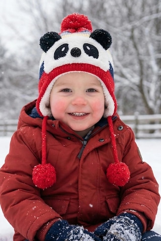 Bay Şapkacı - Sevimli Panda Tasarımlı Unisex Çocuk Kışlık Bere - 5900 Kırmızı