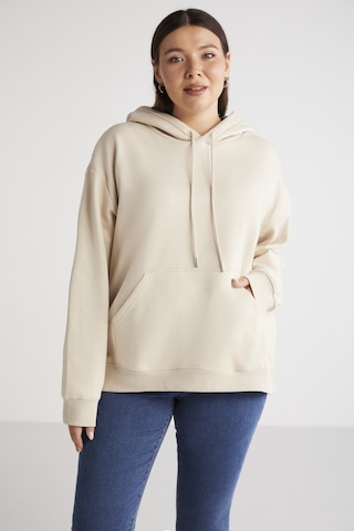 ETHIQUET TEREZABB Kadın Içi Polarlı Yumuşacık Comfort Fit Kapüşonlu Kanguru Cep Bej Büyük Beden Sweatshirt