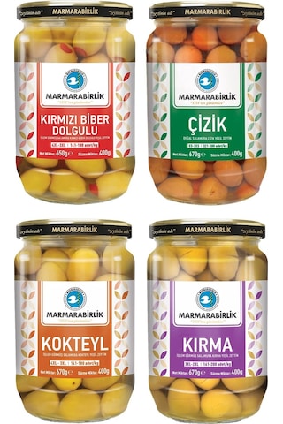 Marmarabirlik Yeşil Zeytin 400 Gr Cam Biberli-çizik-kırma-kokteyl 4 Lü Karma Paket