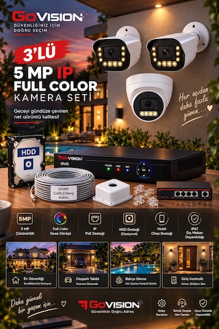 Go Vision 3'lü Güvenlik Dome Bullet Ip Kamera Seti - 3.6mm Lens, H.265, Poe, Warm Led Gece Görüşlü