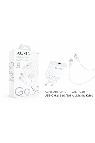 Auris Gan Ultra Slim 25 Watt Usb C To Lightning Şarj Cihazı 1 Metre Lightning Kablo -