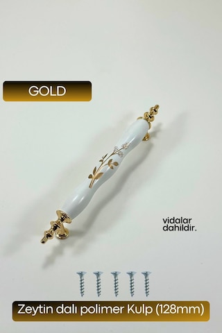 Polimer Zeytindalı Kulp Lüks Modern Mobilya Çekmece Vestiyer Mutfak Dolabı Kulpu 128mm Beyaz-gold