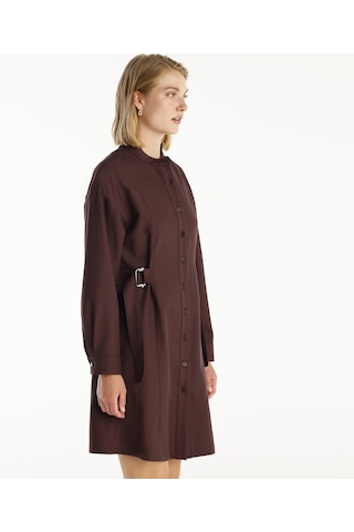 Yargıcı Kemer Detaylı Uzun Kollu Hakim Yaka Kısa Gömlek Elbise Mürdüm