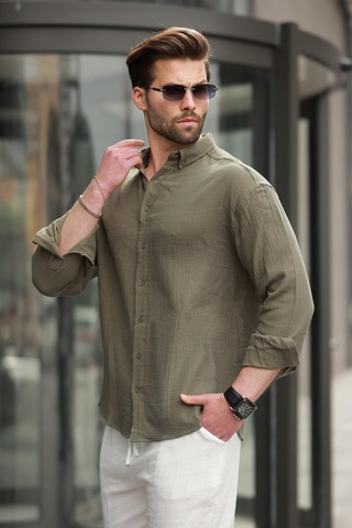 Madmext Haki Basic %100 Pamuklu Uzun Kollu Erkek Gömlek E6761 Haki