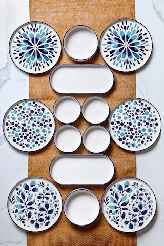 Kitchen Life 14 Parça 6 Kişilik Stackable Blue Etnik Kahvaltı Takımı - Lüx Kahvaltılık Sunum Seti Tabağı Mavi Lacivert Turkuaz