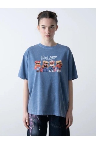 Zekids Kız Çocuk Ayıcık Baskılı Oversize T-shirt-15808 Mavi