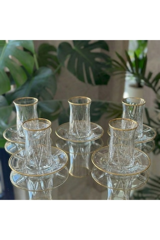 12 Parça 6 Kişilik Kristal Kesim Çay Takımı Cam Çay Bardağı Ve Tabak Seti Beyaz