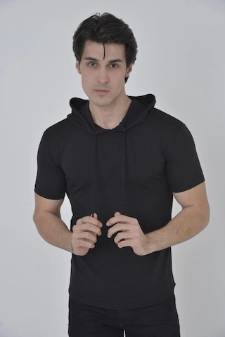 Wear Vexel Kadın Kapüşonlu T-shirt Kısa Kol Bisiklet Yaka Slimfit Tişört - Siyah Çok Renkli
