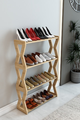 Zühre Safir Meşe -beyaz -4 Raflı Ahşap Ayakkabılık -çok Amaçlı Dekoratif Raf, Organizer Safirmeşe