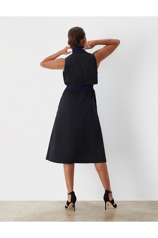 Kadın Dik Yaka Önü Fermuarlı Yırtmaçlı Baharlık Yazlık Beli Lastikli Şık Ceket Elbise Siyah