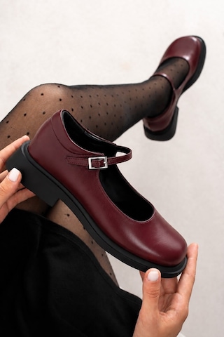 Dabab Shoes Berlın Kadın Bordo Cilt Mary Jane Yuvarlak Burun 2 Cm Kalın Taban Tokalı Babet Loafer Ayakkabı