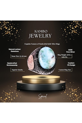 Larimar Taşlı Yüzük - Huzurlu 925 Ayar Solid Gümüş Erkek Yüzüğü - Okyanus Sakinliği Tasarımı Gümüş