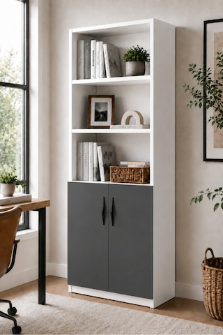 Nesso Kitaplık Beyaz Antrasit Dolap Çok Amaçlı Dolap Kiler Dolabı 5 Raflı 2 Kapaklı Dolap 180 Cm Yükseklik 34 Cm Raf Aralığı 60 Cm Genişlik 30 Cm Derinlik Çok Renkli