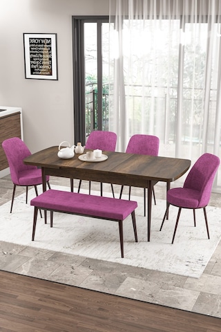 Canisa Concept Zen Serisi 80x132 Mdf Açılabilir Barok Ahşap Desen Masa Takımı 4 Mor Sandalye Ve 1 Bench Barok Masa Sandalye Ve Bench Mor
