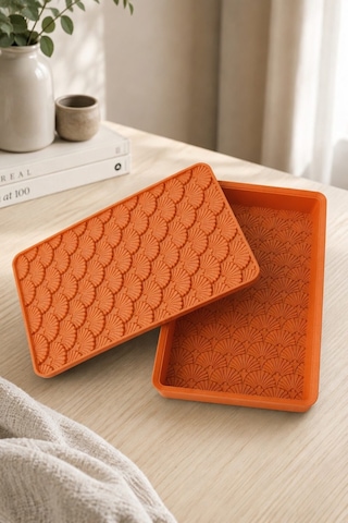 Desenli Kapaklı Dekoratif Kutu Masa Üstü Organizer Takı Aksesuar Saklama Kutusu Pla 20x12.5 Cm Turuncu