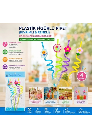 Pipet Eğlenceli Parti Çocuk Doğum Günü Sunum Kıvrımlı Şık Figürlü Tasarım Renkli Plastik Pipet 4'lü