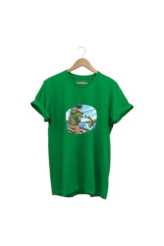Avcılık Fishing Teknede Olta İle Balık Tutmak Baskılı %100 Pamuk Regular Fit Bisiklet Yaka T-shirt Yeşil