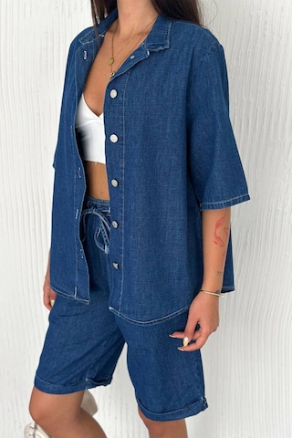 Noa & Noa Kadın Denim Gömlek & Short Takım Sportif & Modern Stil Mavi