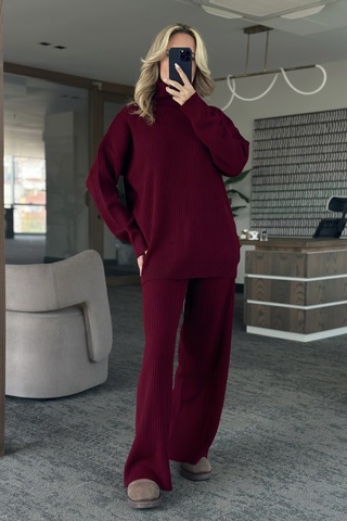 Laluvia Bordo Boğazlı Fitilli Triko Takım - 4671 Bordo