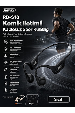 Remax Rb-s18 Kemik İletimli Bluetooth 5.4 Kablosuz Spor Kulaklığı - Açık Kulak Tasarımlı Rb-s18 Siyah