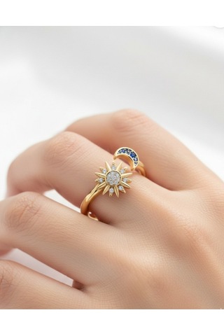 Çekirdekjewelry 925 Ayar Gümüş Ayarlanabilir Ay & Güneş Yüzük Sarı