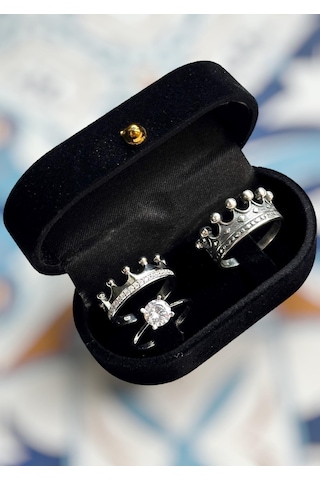 Gümüş Kral Kraliçe Tacı Sevgili Çift Yüzükleri + Tektaş Al43