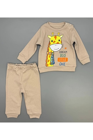 Kız Bebek Zürafa Baskılı Çıt Çıtlı Alt Üst İkili Gündelik Takım 6-18 Ay Bej