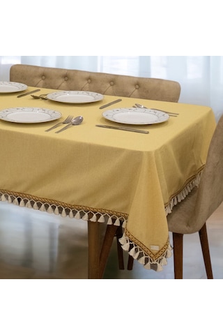 Dnc Home Tekstil Sarı Pamuk Keten Kahverengi Şerit Ponponlu Masa Örtüsü