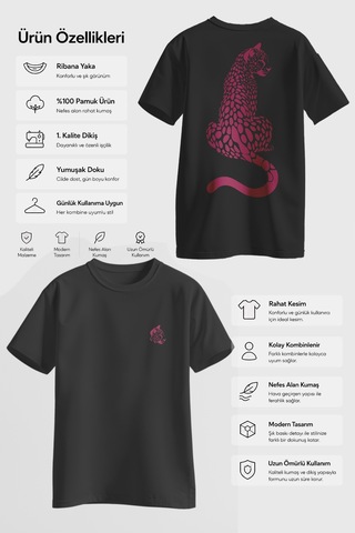 Spoyi Panter Silüeti Tasarımlı %100 Pamuk Yarım Oversize Siyah T-shirt