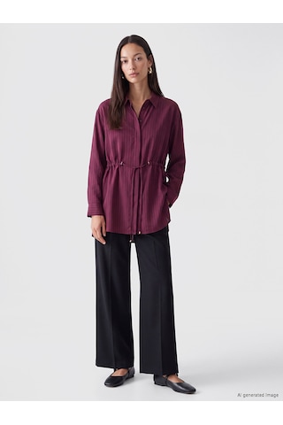 Lcw Everyday Bordo Beli Bağcıklı Çizgili Kadın Gömlek Tunik