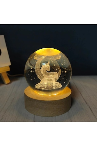 3d Kristal Cam Küre Ahşap Kaideli Gece Lambası - Unicorn