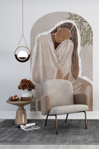 Kendiliğinden Yapışkanlı Kumaş Kanvas Dokulu Duvar Kağıdı Bohem Soyut Kadın Boho Oval Duvar , Salon Renkli