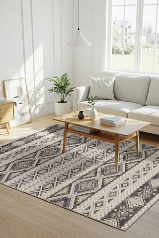 Artloop Nora Krem / Gri Etnik Desenli Dokuma Tabanlı Modern Şönil Halı Al 508 Bej