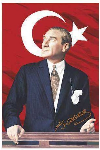 Göğe Bakan Gazi Mustafa Kemal Atatürk İmzalı Portre - Sivil Türk Bayrağı Poster - Bayrak 100x150 Cm 1