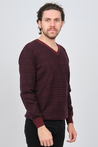 Desen Triko Erkek V Yaka Desenli Saf Yün Kazak 0246569 Bordo Bordo