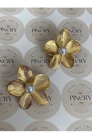Pinery Jewels Top İncili Yaprak Paslanmaz Çelik Kadın Küpe Çifti Altın