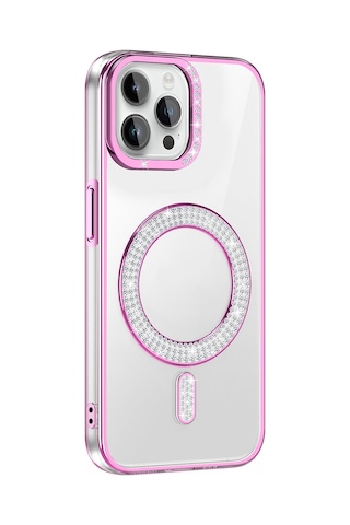 Apple Uyumlu iPhone 12 Pro Kılıf Pırlanta Taş Tasarımlı M-safe Şarj Özellikli Zore Karetta Silikon Kapak Rose Gold