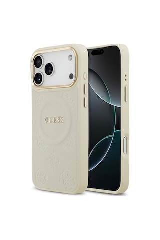 Apple Uyumlu iPhone 17 Pro Max Kılıf Guess Lisanslı M-safeli Sıcak Baskı Yazı Logo Pu Deri Peony Kapak Bej Bej
