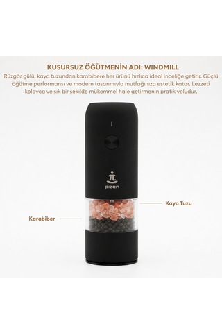 Pizen Windmill Usb Şarjlı Otomatik Baharat Öğütücü Led Işıklı Ayarlanabilir Tuz Karabiber Değirmeni Siyah