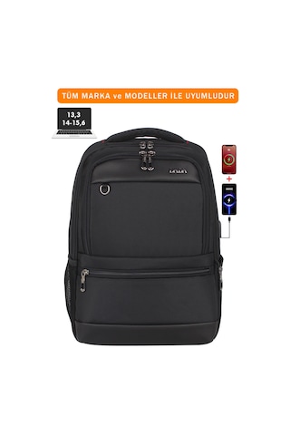 14"-15,6" İnç Körüklü Siyah Laptop Sırt Çantası Unisex Su Geçirmez Kumaş Siyah