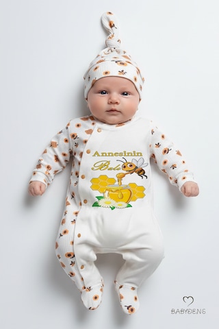 Babyden's Annesinin Balı Yazılı Yenidoğan Bebek Tulumu Şapka Seti Arı Desenli Unisex Çıtçıtlı Bebek Tulum Ekru - Çok Renkli