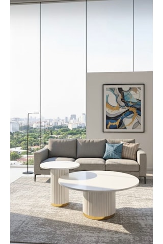 Most Bohem Orta Sehpa Aytaşı 2'li Set Gold Detay %100 Ahşap 85 Cm. Çap Aytaşı Gold